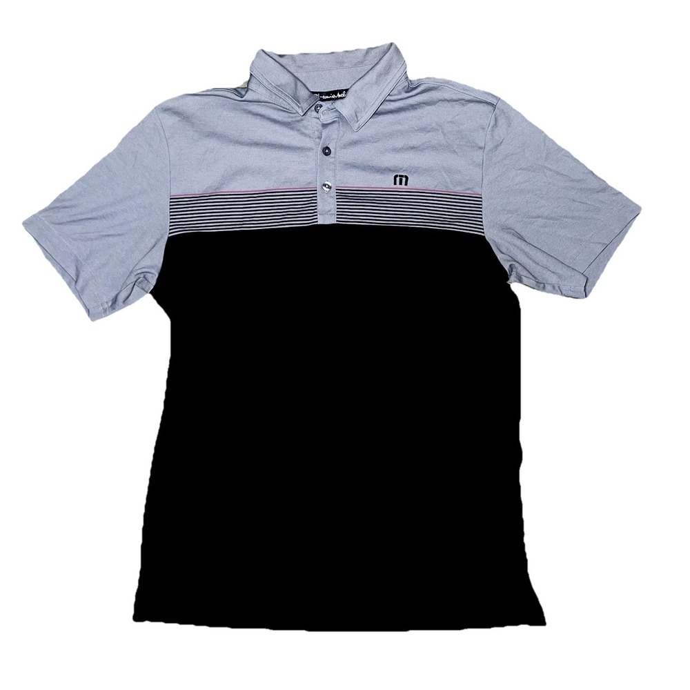 Travis Mathew Mens Golf Polo Shirt M Gray Black Striped Colorblock Performance